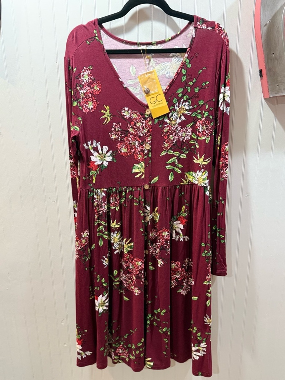Burgundy Floral V-Neck Dress